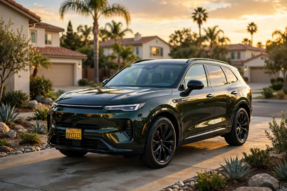 A freshly detailed glossy SUV in a sunny Orange County driveway at golden hour