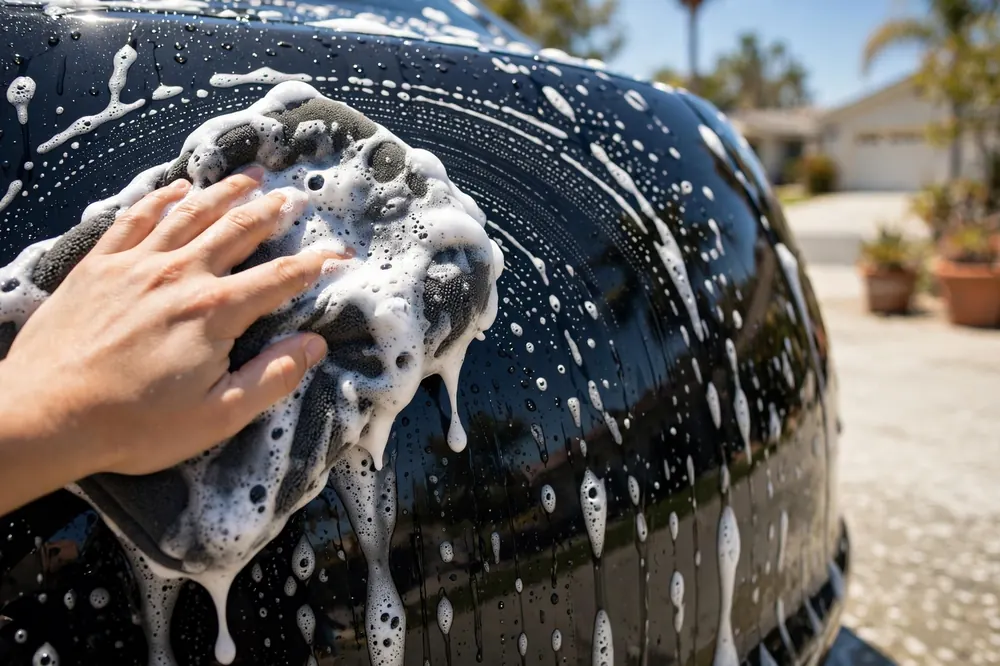 A wash mitt gliding over glossy paint during a hand wash in a driveway