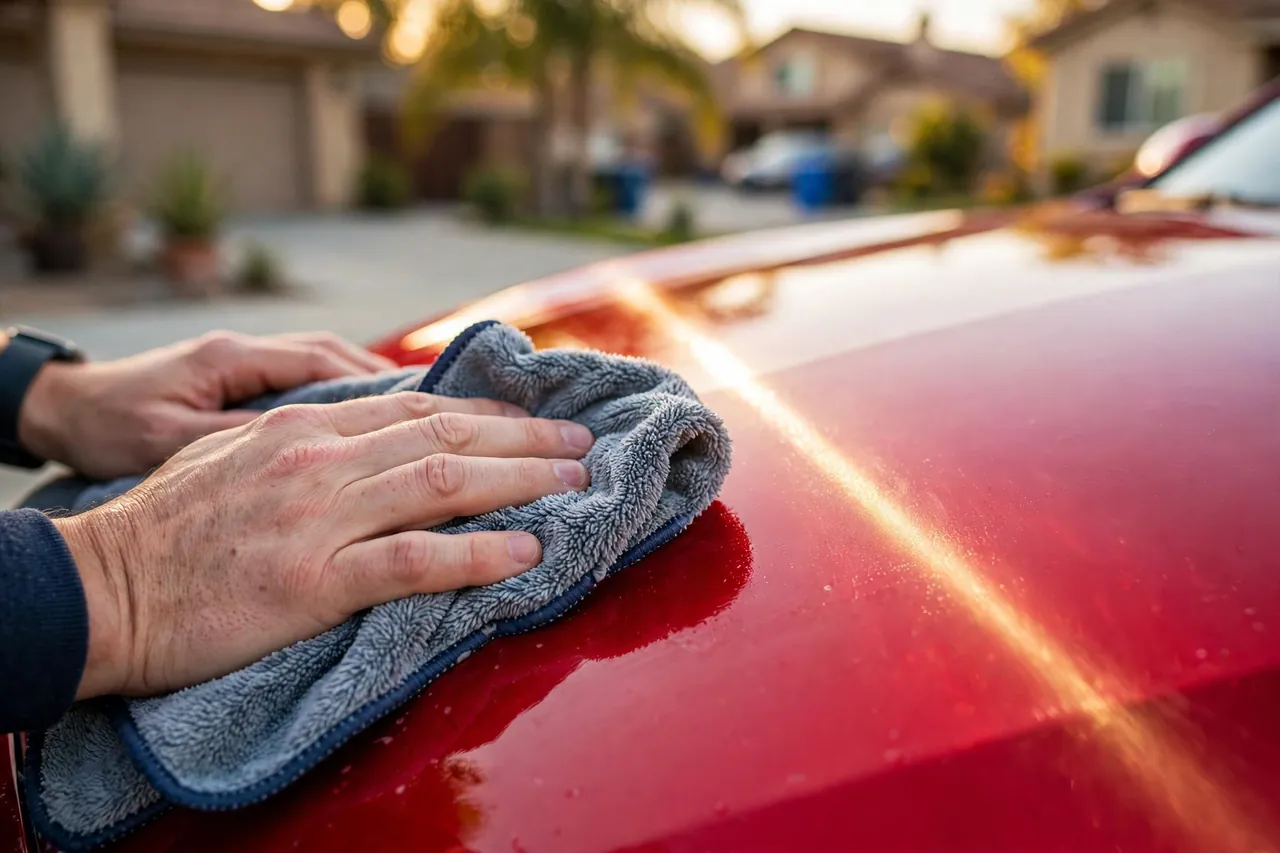 Hands making the final wipe with a microfiber towel across a glossy red hood in an Anaheim driveway
