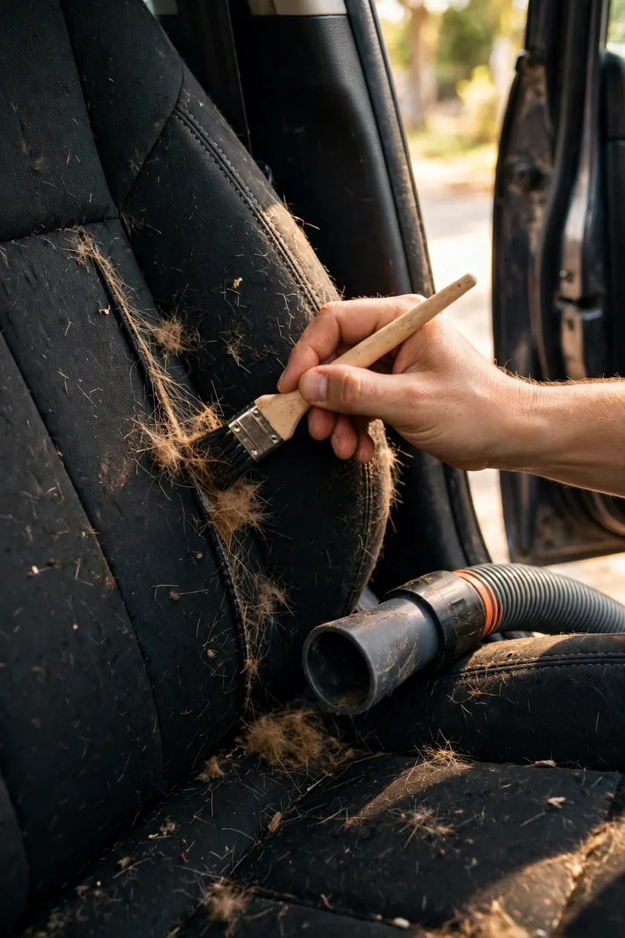 A detailing brush lifting dog hair from a car seat seam during an interior detail